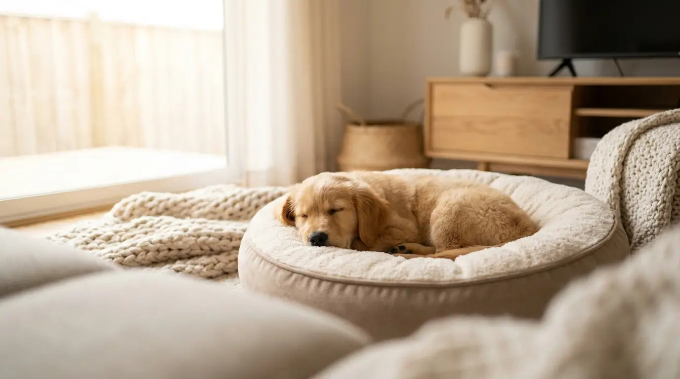 Golden retriever asleep in a plush bed
