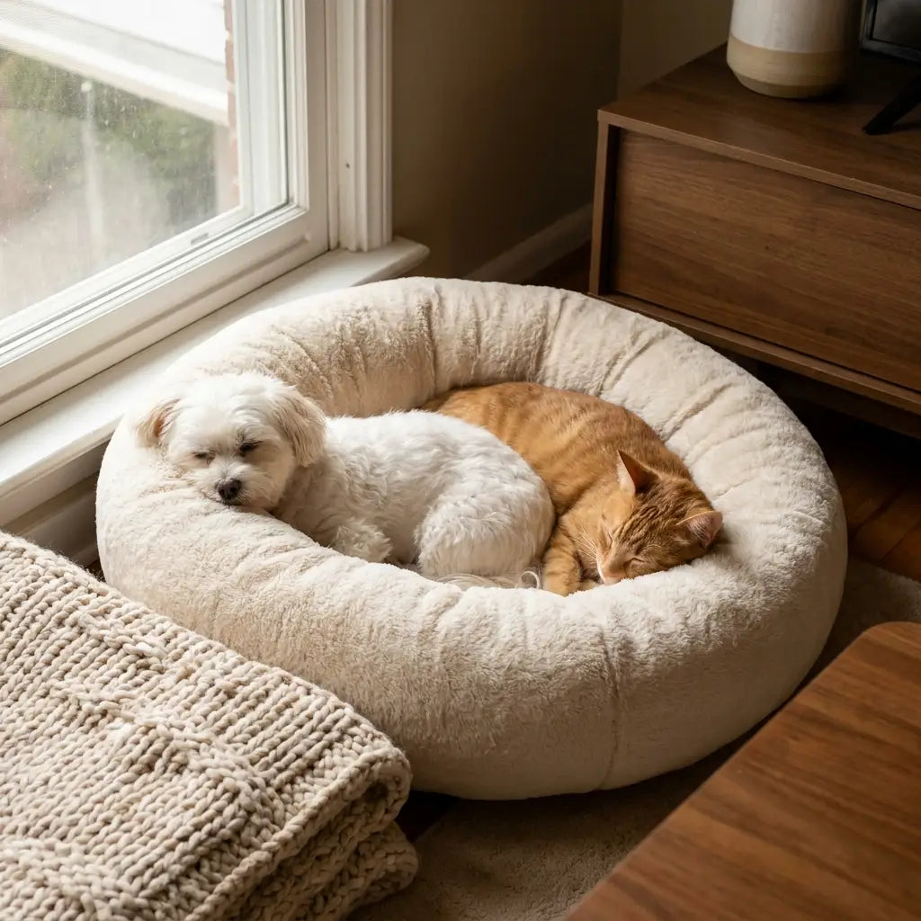 A dog and cat sharing a plush calming bed